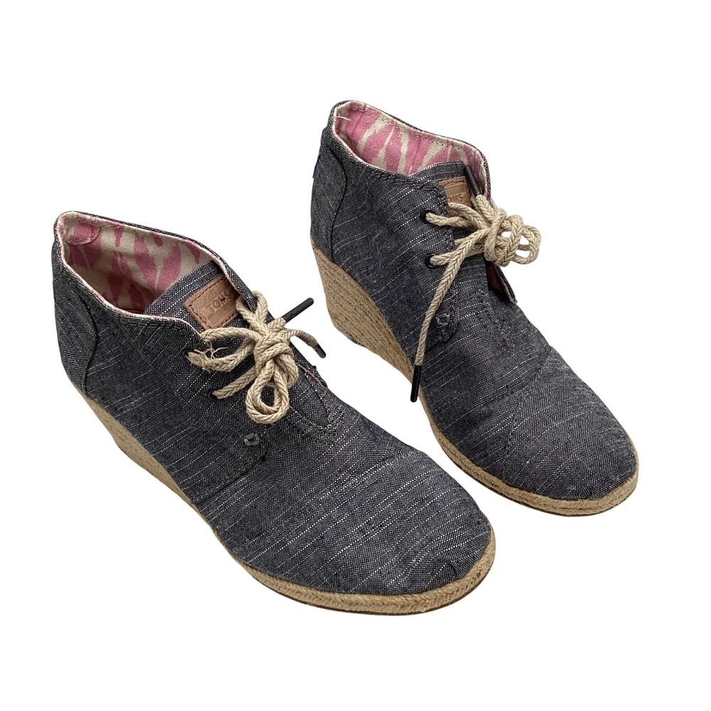 TOMS Desert Wedge Grey Chambray Pinstripe Lace Up Booties Women's 8.5